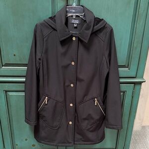 Dennis Basso Black Water Resistant Hooded Coat with Gold Accents